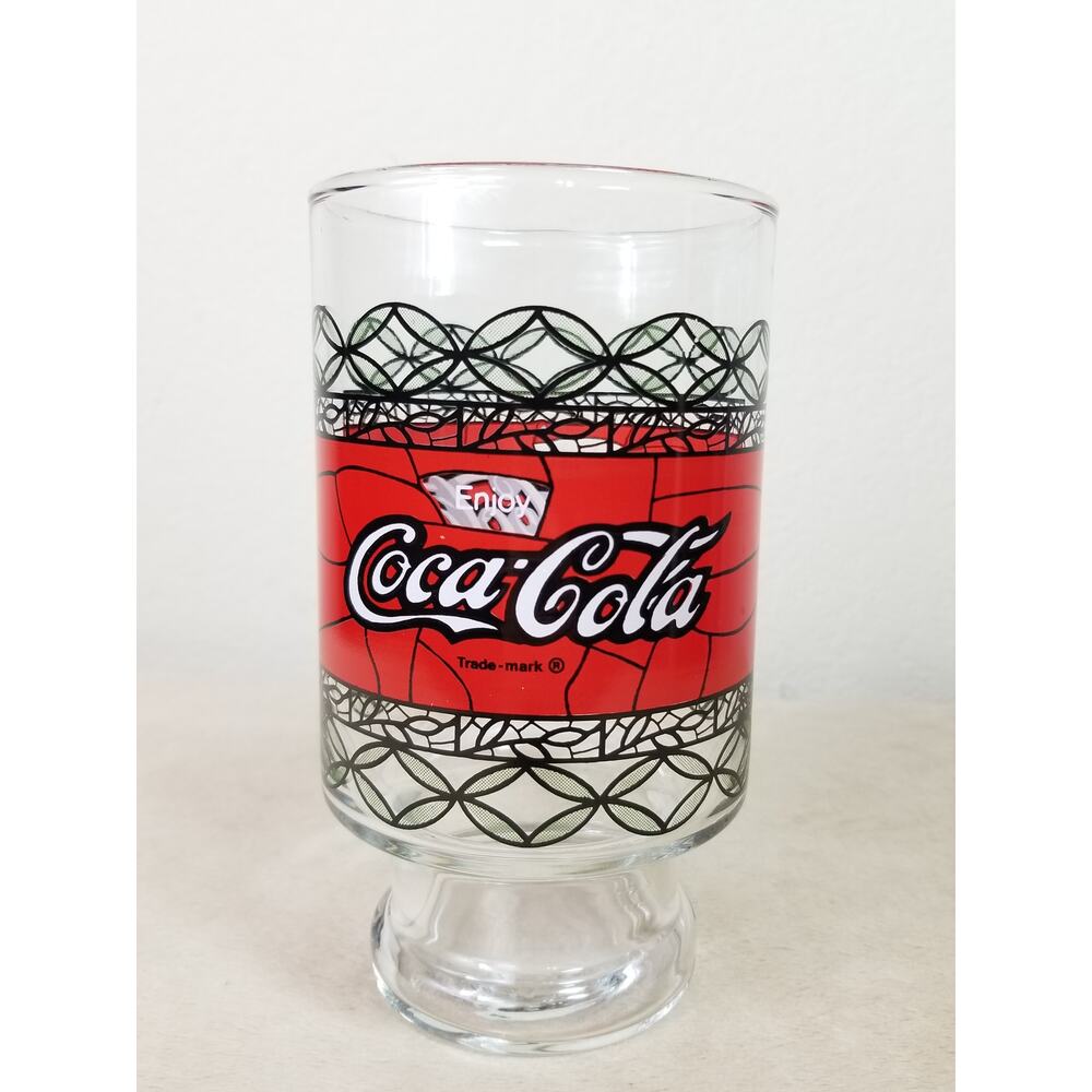 Coca Cola Stained Glass Footed Drinking Pedestal Cup 16oz Drinkware 7" Retro Vtg